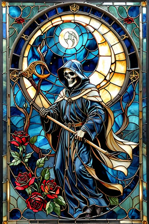 A stunning stained glass artwork. At its center, there's a grim reaper with intricately scythe, set against a deep blue backdrop. Crescent moon overhead, black robes, ((black roses)) 