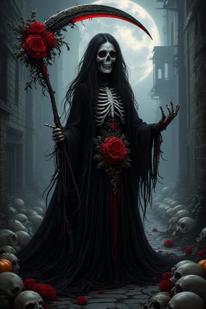 :Etherel loging-av.5:9-s 999-V.61,An incredibly beautiful female steampunk reaper with long black hair,bright Orange-Red streaks,a black velvet robe decorated with gothic partterns.She is holding a stunning scythe decorated with roses and skulls.Her gestures say you are next.Skulls lying arround her,standing on the creepy night,moonlight,Halloween blooming moody night,old castle ,foogy cloudy,EErie sginees in colours orange,red,violet,black background,hyperrealism.upper_7.,#HALLOWEEN skeleton guitarist