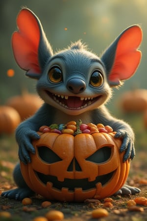 CANDY,generate a modern anime hyper-close of STICH character with happy smilling holding a basket make from scarry face of halloween pumpkin with full of many coloured candy,many halloween scarry pumpkin with candy as a background of stich ,hyperrealism,detailed,UHD,HD,upper_6.