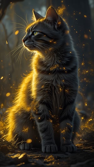 Double Exposure,Abstract art transforming into blackcat and calicos,colour of black,yellow lighting all arround showing the beauty and serenity of the outcome.Cinematic.