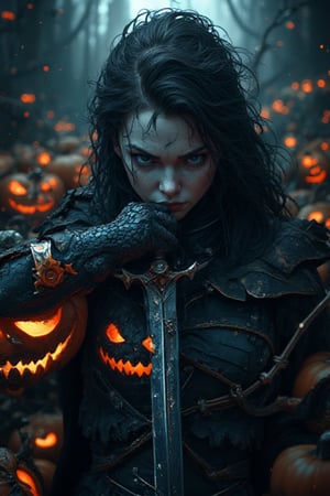 ANIME:A cinematic shot of an imposing figure emerging from the darkness: an acient Orental dynamic stands emit rustling of many big halloween scary face pumpkins,eyes scanning the desolate wildreness as she clutes a gleaming silver sword with dragon's head hilt.its blade protuding from mouth.Scar above her left eyebrow tell's battles tale,ready to defend against all comers.Ultra-low angle wide-angle lens capture her commanding.