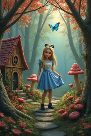 CANDY,generate a character of Alice in the wonderland with oil painting mix modern painting mix vibrant color in a mystical jungle of candy, the trees,mushroom,flower and mini playground house are make from colorful candy and choclate,with neon butterfly and bug there,hyperrealism,detailed,UHD,HD,upper_6.