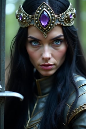 Close-up potrait,cinematic of Queen sword fighter,long silky black hair,blue eyes,perfect eyes brow,pointed nose,charming face and lips,wearing The Queen sword fighter crown with purple diamon,wearing amour sword suit,sharp looking eyes,in action,and her hand rise-up holding her sword weapon,sorrounding at forest with mystery land,