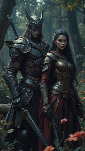 Cinematic,Meduim Macro close camera view showing amour warrior woman and man  image,oval face and long black hair,pointed nose,hazelnut eyes,wearing a warrior suit,the couple of warrior  was holding inticated sword at they hand.Background show a fantasy word and forest with mind blowing and unseen yet before of plants and insects with wild flowers sereen cinematic