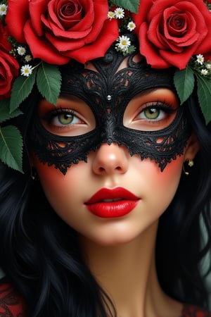 Oil Painting close-up potret face of beautiful woman,perfect beautiful oval face,green eyes,pionted nose,charming lips,black long flowing hair,wearing a black in red roses intricated face mask,decorated by red roses and little white flowers,