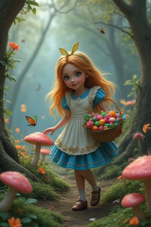 CANDY,generate a character of Alice in the wonderland with oil painting mix modern painting mix vibrant color in a mystical forest of candy, the trees,mushroom,flower and mini playground house are make from colorful candy and choclate, so many candy every where there at the mystical forest with neon butterfly and bug there,the character of alice holding a basket with full off colorful candy ,hyperrealism,detailed,UHD,HD,upper_6.