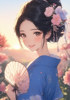 Anime art style of A beautiful japanese young woman,oval face,hazelnut eyes,pointed nose,charm lips and smile,black bun japanese hair style decorated by cherry blossom hair pin and flowers,wearing blue kimodo intricated with pink roses flowers,she rise her hand holding a japanese fan ,sorrounding at the flowers garden,sunrise and clear day.