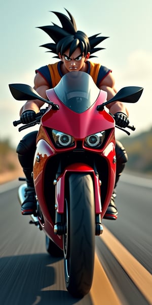 Full-lenght image of Son Goku on a powerful black red shiny perfomance Kawasaki motorcycle on a long and stretched road,3D CGI,realistic fantasy,with romace novel realistic art.cinematic.
