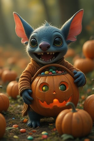 CANDY,generate a modern anime hyper-close of STICH character with happy smilling holding a basket make from scarry face of halloween pumpkin with full of many coloured candy,many halloween scarry pumpkin with candy as a background of stich ,hyperrealism,detailed,UHD,HD,upper_6.