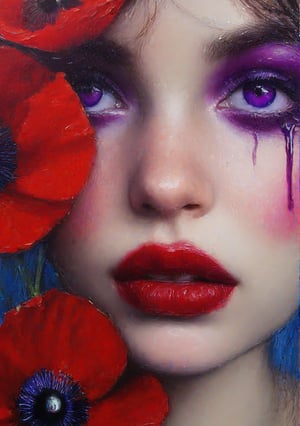 A hyper-realistic and hyper-detailed oil paint of a beautyful young girl,gloosy shiny vibrant deep red lipstick,dripping eye liners lashes,purple colour eyes,right side brances with poppies flower.64K.