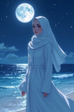 Zloyork anime style of A potret of a beautiful charming woman wearing white hijjab and white long sleve shirt standing at the beach,night and full moonlight background,the shining moonlight with sparkles star at the sky,windy,hyper-realistic,hyper-detailed,upper_6.UHD,HD.,[FLUX]Ai anime mix style