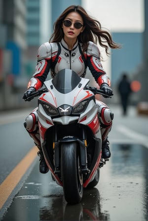 a cyborg girl in mecha armor,20yo,white and red colored armor,neon light lines glowing,exquisite face,soft shiny skin,long hair blowing,sunglasses,riding kawasaki ninja h2r at high speed,road backdrop,puddles,dynamic pose,focused expression,realistic,detailed,masterpiece,best quality,sharp focus,high contrast,rule of thirds,depth of perspective,trending on artstation,award-winning photo,chiaroscuro lighting,ek_g1rl_02,ek_art_b00ster