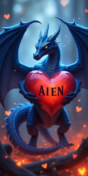 Create an image of a blue smooke dragon with large wings wrapped arround a red heart,with the name "AIEN" insribed below the heart in an elegant font.The background is fiery and there are smaller heart and embers floating around,creating a dramatic and mystical atmosphere.
