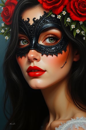 Oil Painting close-up potret face of beautiful woman,perfect beautiful oval face,green eyes,pionted nose,charming lips,black long flowing hair,wearing a black in red roses intricated face mask,decorated by red roses and little white flowers,