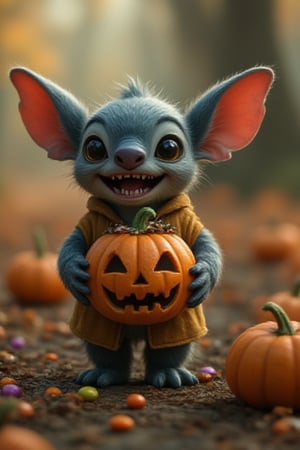 CANDY,generate a modern anime hyper-close of STICH character with happy smilling holding a basket make from scarry face of halloween pumpkin with full of many coloured candy,many halloween scarry pumpkin with candy as a background of stich ,hyperrealism,detailed,UHD,HD,upper_6.