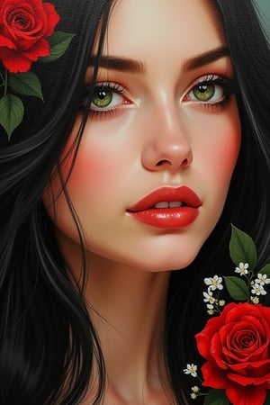 Oil Painting close-up potret face of beautiful woman,perfect beautiful oval face,green eyes,pionted nose,charming lips,black long flowing hair,decorated by red roses and little white flowers,