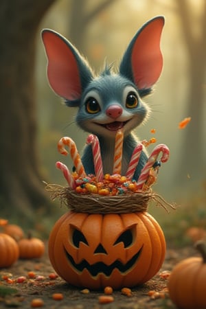 CANDY,generate a modern anime hyper-close of STICH character with happy smilling holding a basket make from scarry face of halloween pumpkin with full of much candy cane and sweets and lolipop with many coloured candy,many halloween scarry pumpkin with candy as a background of stich ,hyperrealism,detailed,UHD,HD,upper_6.