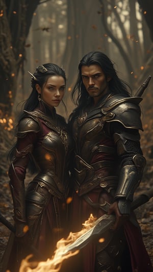 Cinematic,Meduim Macro close camera view showing amour warrior woman and man  image,oval face and long black hair,pointed nose,hazelnut eyes,wearing a warrior suit,the couple of warrior  was holding inticated sword at they hand and sparkling fire sword.Background show a fantasy word and forest with mind blowing and unseen yet before of plants and insects with wild flowers sereen cinematic