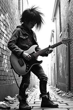 graffiti on brick wall in alley,black sketch,young punk playing guitar,wild hair,torn jeans,in the style of banksy,hyper-detailed,64K,upper_6. 