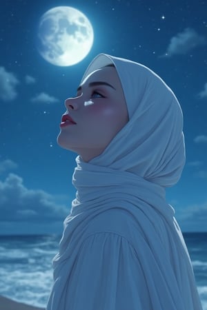 Zloyork anime style of A potret of a beautiful charming woman wearing white hijjab and white long sleve shirt standing at the beach,night and full moonlight background,the shining moonlight with sparkles star at the sky,windy,hyper-realistic,hyper-detailed,upper_6.UHD,HD.,[FLUX]Ai anime mix style