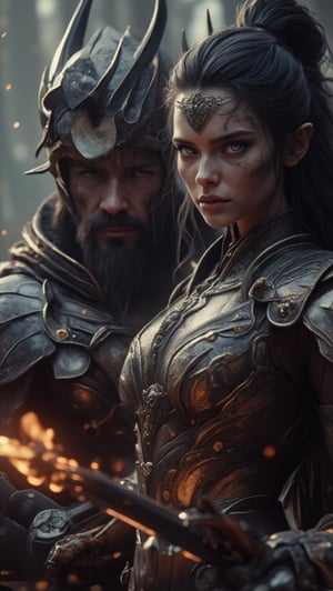 Cinematic,Meduim Macro close camera view showing amour warrior woman and man  image,oval face and long black hair,pointed nose,hazelnut eyes,wearing a warrior suit,the couple of warrior  was holding inticated sword at they hand and sparkling fire sword.Background show a fantasy word and forest with mind blowing and unseen yet before of plants and insects with wild flowers sereen cinematic