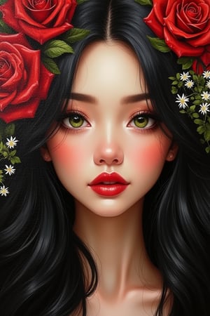 Oil Painting close-up potret face of beautiful woman,perfect beautiful oval face,green eyes,pionted nose,charming lips,black long flowing hair,decorated by red roses and little white flowers,