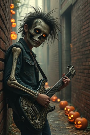 graffiti on brick wall in alley,black sketch,young punk wearing a sceleton mask, playing intricated skeleton metal guitar,wild hair,torn jeans,in the style of banksy,The dark hallway is just a gloomy and foggy light behind it,there are many halloween pumpkins in the shape of scary faces and glowing on the edge.Hyper-detailed,64K,upper_6. 