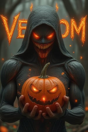 Oil Paint mix grunge paint.Hyper Close_Uppotret,Dynamic digital Art,Elf prinses mix Venom Character((VENOM))holding in his palm hands,front view.The firey scary face Halloween pumpkin and the word "VENOM"are hovering above the pumpkin,3D red orange color texts,corrects texts,detailed texts,perfect orientation((best quality))16K UHD,Hyper-realistic.Hyper-detailed.UHD.HD.200K.Ultra.,The Venom Painting,[FLUX]Sylphia mystical forest nymph,[FLUX]3D thankyou art style