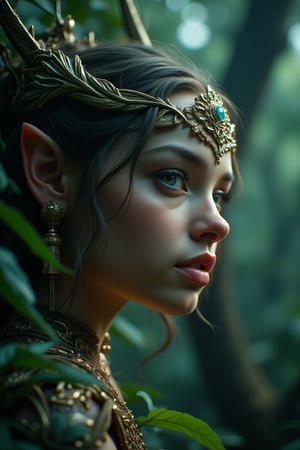 In a cinematic close-up, the camera captures the majestic elf archer from a low-angle shot, surrounded by the lush, vibrant foliage of a dark and mystical tropical jungle. The subject's face is rendered in exquisite detail, with a beauty that borders on perfection. Her eyes gleam like polished gemstones as she holds her majestic crystal bow, adorned with intricate glasswork and glowing with an ethereal light. In the background, the jungle's secrets unfold with crisp textures, sharp focus, and crystal-clear clarity, immersing the viewer in a world of fantasy and wonder.