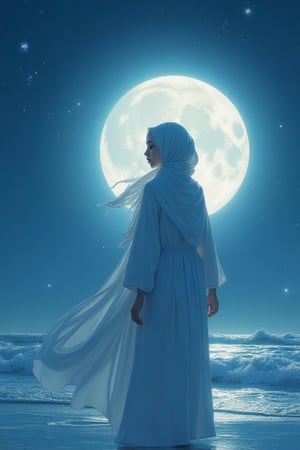 Zloyork anime style of A potret of a beautiful charming woman wearing white hijjab and white long sleve shirt standing at the beach,night and full moonlight background,the shining moonlight with sparkles star at the sky,windy,hyper-realistic,hyper-detailed,upper_6.UHD,HD.,[FLUX]Ai anime mix style