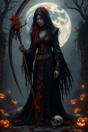 :Etherel loging-av.5:9-s 999-V.61,An incredibly beautiful female steampunk reaper with long black hair,bright Orange-Red streaks,a black velvet robe decorated with gothic partterns.She is holding a stunning scythe decorated with roses and skulls.Her gestures say you are next.Skulls lying arround her,standing on the creepy night,moonlight,Halloween blooming moody night,old castle ,foogy cloudy,EErie sginees in colours orange,red,violet,black background,hyperrealism.upper_7.,#HALLOWEEN skeleton guitarist