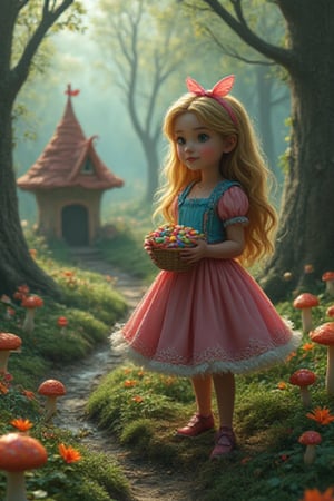 CANDY,generate a character of Alice in the wonderland with oil painting mix modern painting mix vibrant color in a mystical forest of candy, the trees,mushroom,flower and mini playground house are make from colorful candy and choclate, so many candy every where there at the mystical forest with neon butterfly and bug there,the character of alice holding a basket with full off colorful candy ,hyperrealism,detailed,UHD,HD,upper_6.