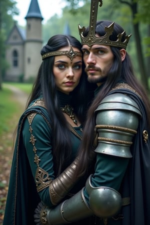 Potrait,cinematic Low-angle of King and Queen sword fighter,long black hair,blue eyes,,wearing The King sword fighter with intricated,he wearing a Fighter Crown,wearing amour sword suit,sharp looking eyes,in action,and they holding a sword weapon,sorrounding at lush forest with an old castle in mystery land,never seen before.