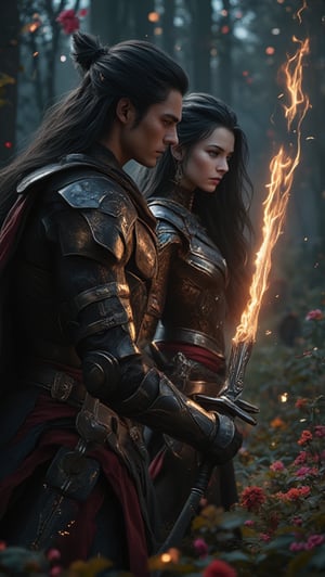 Cinematic,Meduim Macro close camera view showing amour warrior woman and man  image,oval face and long black hair,pointed nose,hazelnut eyes,wearing a warrior suit,the couple of warrior  was holding inticated sword at they hand and sparkling fire sword.Background show a fantasy word and forest with mind blowing and unseen yet before of plants and insects with wild flowers sereen cinematic