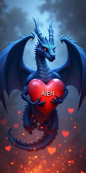 Create an image of a blue smooke dragon with large wings wrapped arround a red heart,with the name "AIEN" insribed below the heart in an elegant font.The background is fiery and there are smaller heart and embers floating around,creating a dramatic and mystical atmosphere.
