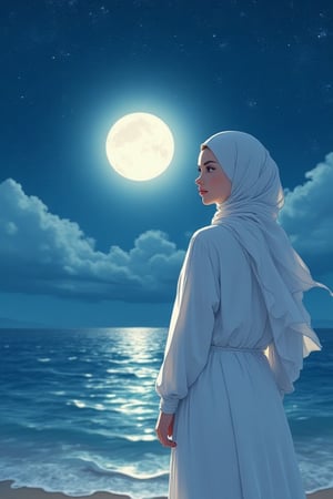 Zloyork anime style of A potret of a beautiful charming woman wearing white hijjab and white long sleve shirt standing at the beach,night and full moonlight background,the shining moonlight with sparkles star at the sky,windy,hyper-realistic,hyper-detailed,upper_6.UHD,HD.,[FLUX]Ai anime mix style