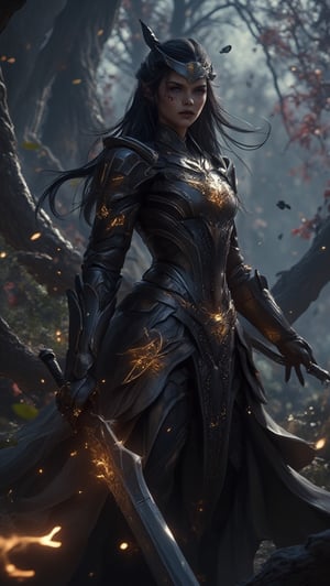 Cinematic,Meduim Macro close camera view showing beautiful amour warripr woman image,oval face and long black hair,pointed nose,hazelnut eyes,wearing a warrior suit with up on his hand on air as he was holding inticated sword at his hand and sparkling fire at her sword.Background show a fantasy word and forest with mind blowing and unseen yet before of plants and insects with wild flowers sereen cinematic