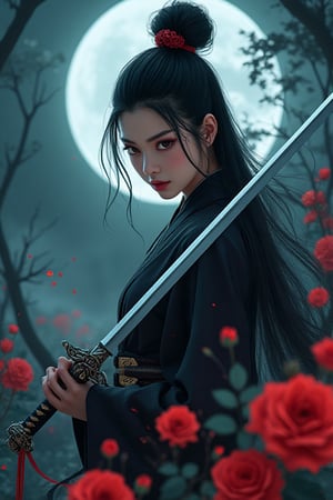 ANIME:A cinematic shot of an imposing figure emerging from the darkness: an acient Orental dynamic stands and holding her sword weapon emit rustling of red roses,eyes scanning the desolate wildreness as she clutes a gleaming silver sword with dragon's head hilt.its blade protuding from mouth.Scar above her left eyebrow tell's battles tale,ready to defend against all comers.Ultra-low angle wide-angle lens capture her commanding.Night serene with full moonlight background.[FLUX]Chinese Woman The Ninja Warrior.