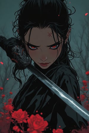 ANIME:A cinematic shot of an imposing figure emerging from the darkness: an acient Orental dynamic stands emit rustling of red roses,eyes scanning the desolate wildreness as she clutes a gleaming silver sword with dragon's head hilt.its blade protuding from mouth.Scar above her left eyebrow tell's battles tale,ready to defend against all comers.Ultra-low angle wide-angle lens capture her commanding.,[FLUX]Chinese Woman The Ninja Warrior,ct-skyzo_identity