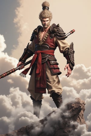 Wukong, brown-hair, Full body, baton, on top of a flying cloud, realistic_anime, red_aura