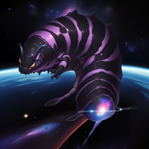 caterpillar galatic, galaxy, giant monster, space, black carapace reflecting purple lux, purple, cute, giant, black hole, black