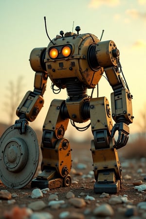 A worn, rusted robot, dubbed 'Trash-Bot', stands amidst a desolate wasteland. Frayed wires and scraps of metal cover its hulking frame. The robot's bright, glowing eyes seem to mock the bleak surroundings. A dumpster lid serves as its makeshift shield, while discarded trash and debris litter the ground. Trash-Bot's mechanical arms splay outwards, as if guarding a forgotten treasure. Dusk settles over the scene, casting a sickly yellow haze over the desolate landscape.