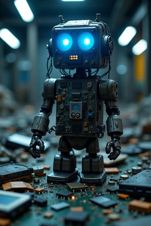 A close-up shot of a peculiar robot constructed from discarded electronic waste. The robot's body is formed by stacked motherboards, twisted wires, and shattered LCD screens, with glowing blue LED eyes and a metallic mouthpiece. A halo of flickering fluorescent lights surrounds it, casting an eerie glow on the dark industrial backdrop. In the foreground, scattered circuit boards and broken gadgets create a sense of chaos, while the robot's mechanical limbs seem to be holding its own against the mess.