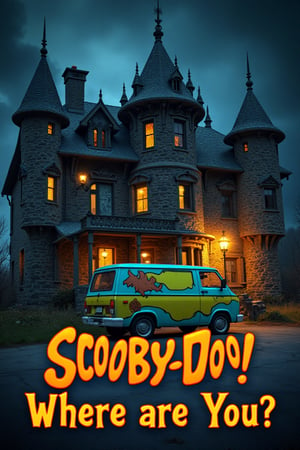 In a eerie midnight setting, the Mystery Machine is parked ominously in front of a foreboding haunted mansion. The building's facade features jagged turrets, crooked chimneys, and crumbling stone walls, all bathed in an unsettling yellow-orange glow from lanterns that seem to flicker with malevolent intent. High-resolution details reveal every nook and cranny, as if the very bricks are alive with dark energy. In the foreground, the Mystery Machine Van's psychedelic paint job seems out of place amidst the sinister surroundings, while the night air is heavy with an aura of foreboding. With text at bottom "Scooby Doo Where are You" in (freaky text) style. (Detailed texts), correct texts.