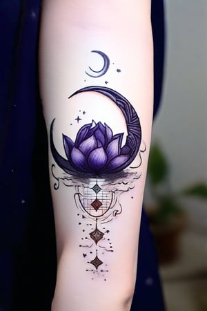 "A delicate, intricately detailed tattoo of a crescent moon cradling a blooming lotus flower. The moon is composed of fine, swirling lines with small stars and dots, giving it a celestial feel. The lotus is in full bloom, with petals shaded in gradients from deep purple at the base to soft pink at the tips, each petal meticulously detailed. Around the moon and lotus, thin wisps of smoke or mist curl gracefully, forming subtle, elegant patterns. The overall design is ethereal, combining elements of nature and the cosmos, and is both serene and mystical."