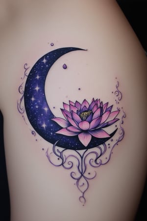 "A delicate, intricately detailed tattoo of a crescent moon cradling a blooming lotus flower. The moon is composed of fine, swirling lines with small stars and dots, giving it a celestial feel. The lotus is in full bloom, with petals shaded in gradients from deep purple at the base to soft pink at the tips, each petal meticulously detailed. Around the moon and lotus, thin wisps of smoke or mist curl gracefully, forming subtle, elegant patterns. The overall design is ethereal, combining elements of nature and the cosmos, and is both serene and mystical."