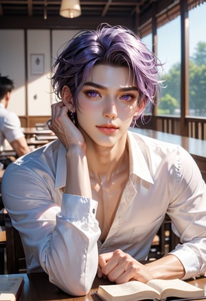 1man, real photo, Japanese manga style, purple-haired male, black eyelashes, long eyelashes, violet eyes, detailed hair, short hair, mature and handsome face, giving him a natural leader's temperament, giving people a quiet feeling A meditative feeling. He looks directly at the viewer, sitting on a table with a book, his violet eyes twinkling with subtlety. A white shirt flatters your figure.,score_9, score_8_up, score_7_up,