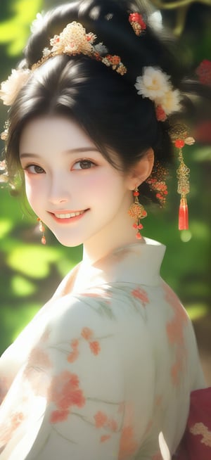 64K ultra-clear, ultra-high definition, ultra-high level, ultra-high quality, soft colors, true light and shadow, rich colors, 1 girl, black hair, Chinese girl, facing the audience, smiling, gorgeous Hanfu, ancient Chinese concubine's clothing, gorgeous headdress, half body, the background is a garden, delicate light and shadow, exquisite details, delicate brushwork and elegant composition, Depth of field blur.