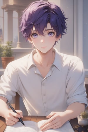 1man, real photo, Japanese manga style, purple-haired male, black eyelashes, long eyelashes, violet eyes, detailed hair, short hair, mature and handsome face, giving him a natural leader's temperament, giving people a quiet feeling A meditative feeling. He looks directly at the viewer, sitting on a table with a book, his violet eyes twinkling with subtlety. A white shirt flatters your figure.