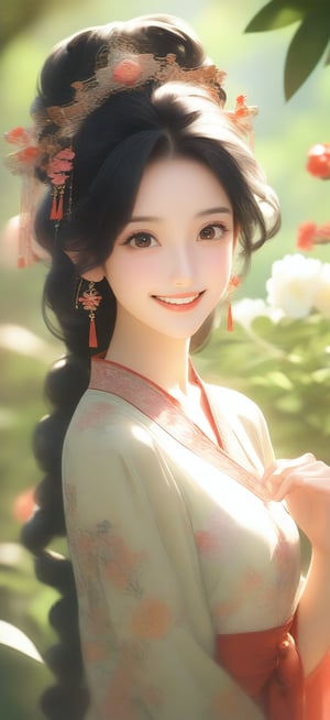 64K ultra-clear, ultra-high definition, ultra-high level, ultra-high quality, soft colors, true light and shadow, rich colors, 1 girl, black hair, Chinese girl, facing the audience, smiling, gorgeous Hanfu, ancient Chinese concubine's clothing, gorgeous headdress, half body, the background is a garden, delicate light and shadow, exquisite details, delicate brushwork and elegant composition, Depth of field blur.